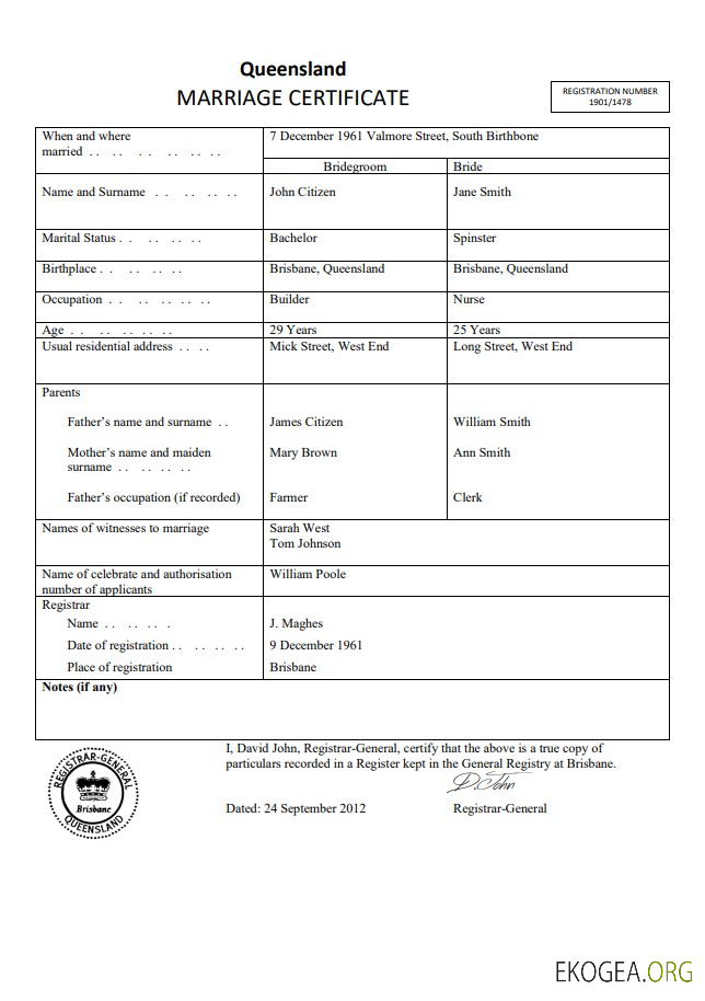 Modèle de certificat de mariage Australie Queensland dans Word